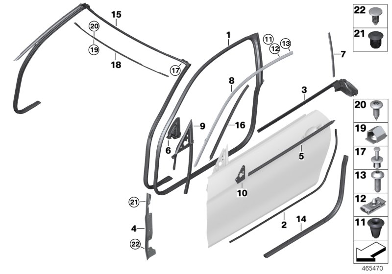 Накладки и уплотнения двери Пд для BMW F33N 425d B47 (схема запчастей)