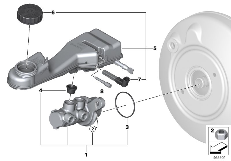 Главный тормозной цилиндр/бачок для BMW F46 220dX B47 (схема запчастей)
