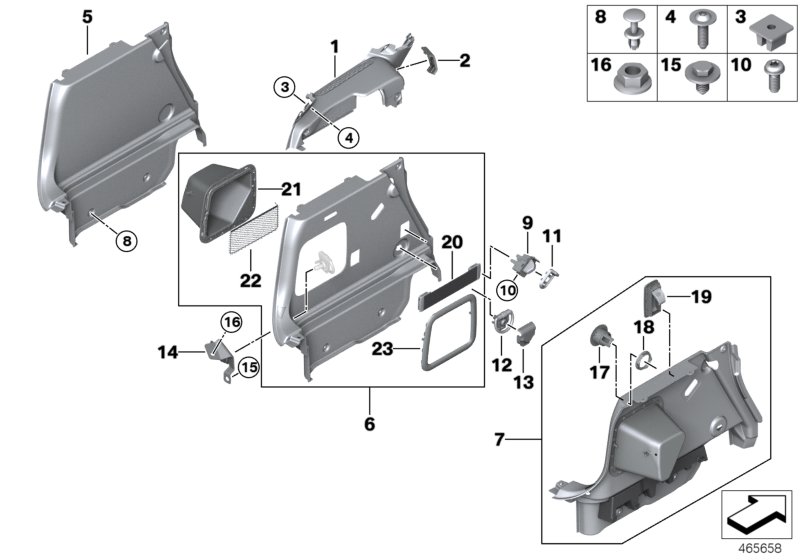 Обшивка багажного отделения Бок для MINI F54N One B38B (схема запчастей)