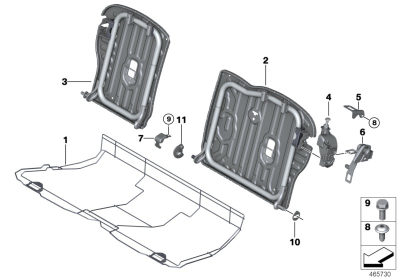 Каркас подушки зад.сид.с люком в спинке для BMW F56 Cooper B38C (схема запчастей)