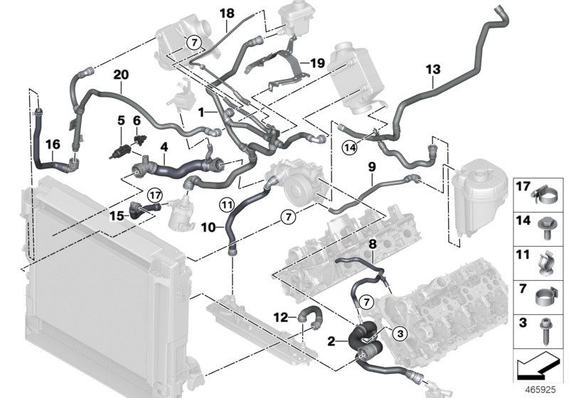 Водяной шланг системы охлаждения для BMW F15 X5 50iX 4.4 N63N (схема запчастей)