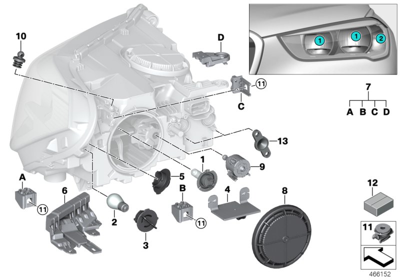 Детали галогенной фары для BMW F48N X1 18i B32 (схема запчастей)