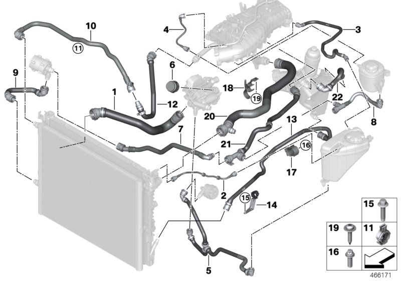 Шланги системы охлаждения для BMW G31 530i B48 (схема запчастей)