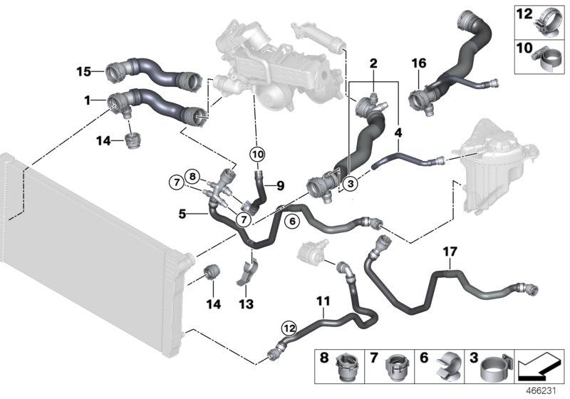 Шланги системы охлаждения для BMW F11 530d N57 (схема запчастей)