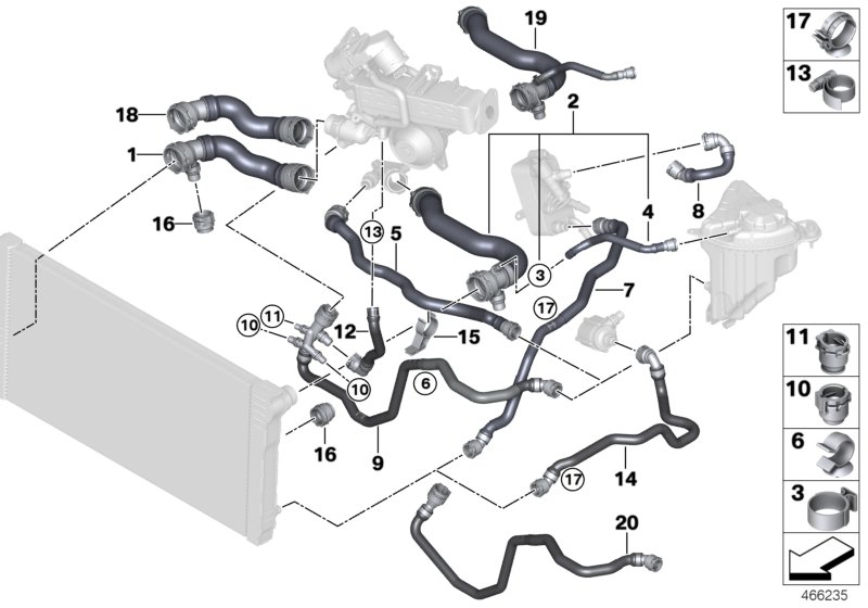 Шланги системы охлаждения для BMW F10N 530dX N57N (схема запчастей)