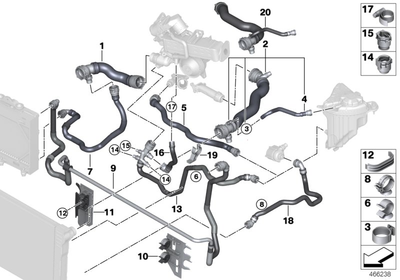 Шланги системы охлаждения для BMW F11N 530d N57N (схема запчастей)