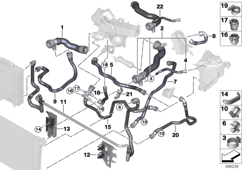 Шланги системы охлаждения для BMW F10 525d N57 (схема запчастей)
