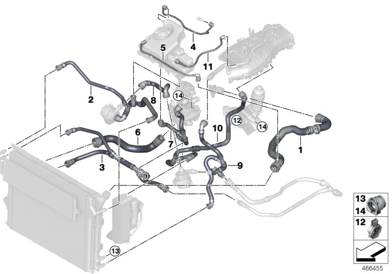 Шланги системы охлаждения для BMW F30N 330e B48X (схема запчастей)