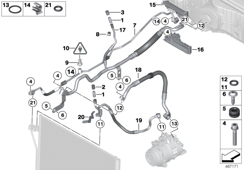 Трубопроводы хладагента для BMW F11 550i N63 (схема запчастей)