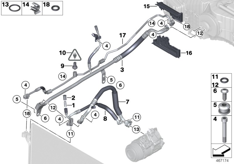 Трубопроводы хладагента для BMW F11 523i N52N (схема запчастей)