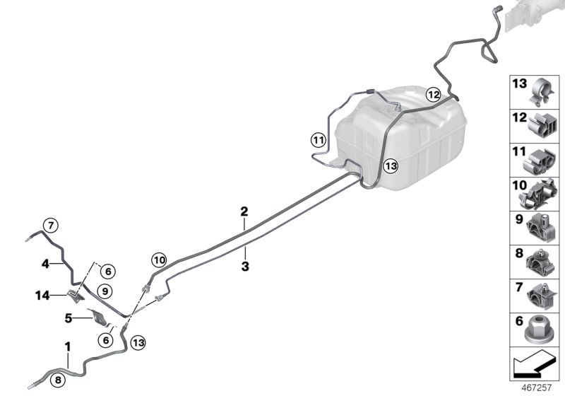 Топливопровод/ элементы крепления для BMW F45 225xe B38X (схема запчастей)