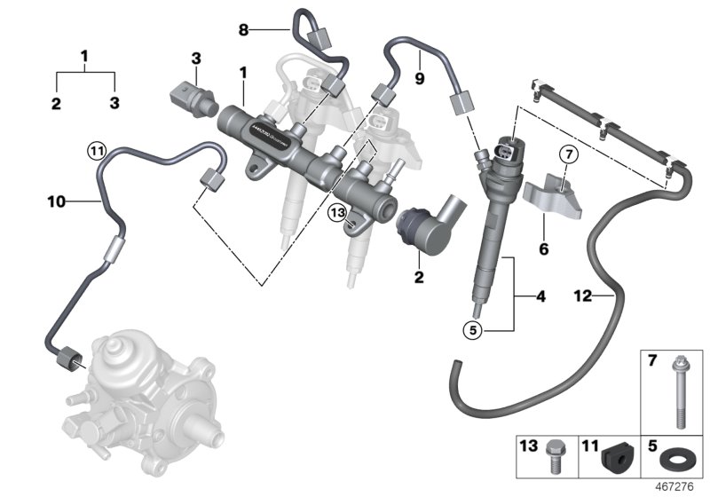 Ресивер/инжектор/провод для BMW F21N 116d ed B37 (схема запчастей)