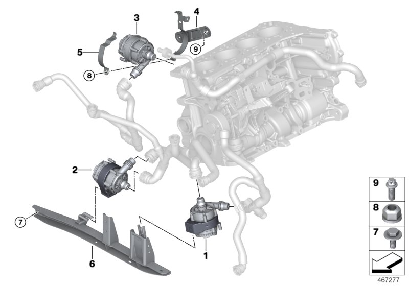 Электрический насос ОЖ для BMW F30N 330e B48X (схема запчастей)