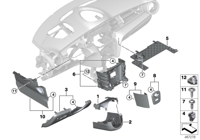 Доп.элементы панели приборов Нж. для BMW F57 Cooper S B48 (схема запчастей)