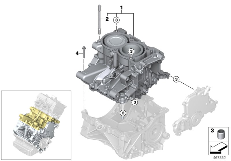 Блок-картер двигателя для BMW I01 i3 94Ah Rex IB1 (схема запчастей)