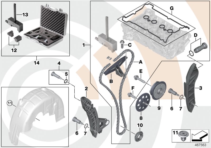 Ремкомплект открытой приводной цепи Вх для MINI R57 Cooper S N14 (схема запчастей)