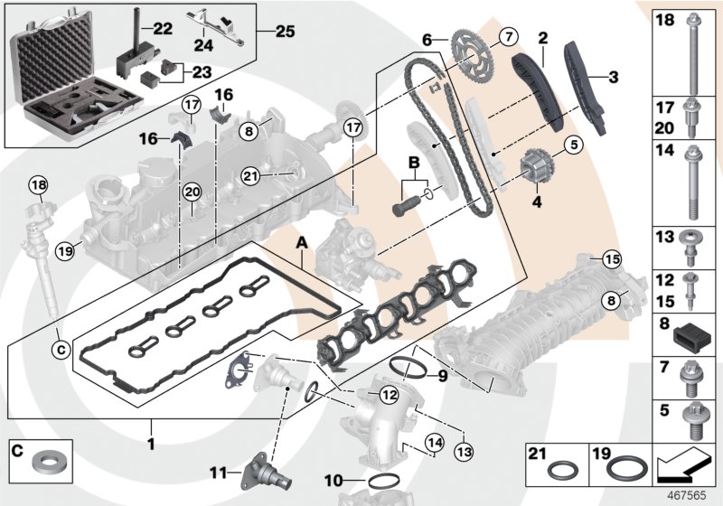 Ремкомплект открытой приводной цепи Вх для BMW F11 525d N47S1 (схема запчастей)