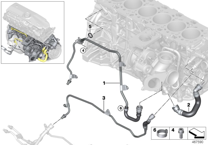Система охлаждения-турбонагнетатель для BMW G16 840dX B57 (схема запчастей)