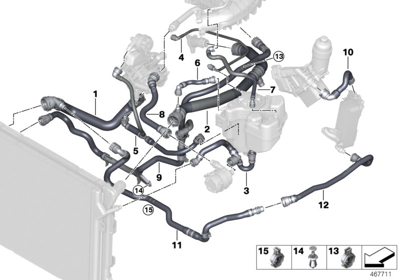 Шланги системы охлаждения для BMW F33N 430iX B48 (схема запчастей)
