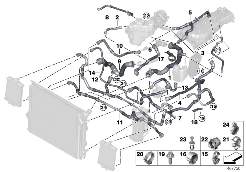 Шланги системы охлаждения для BMW F30N 340i B58 (схема запчастей)