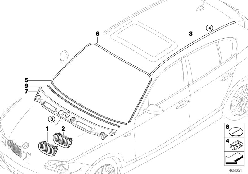 Наружные накладки / декоративные решетки для BMW E87N 130i N52N (схема запчастей)
