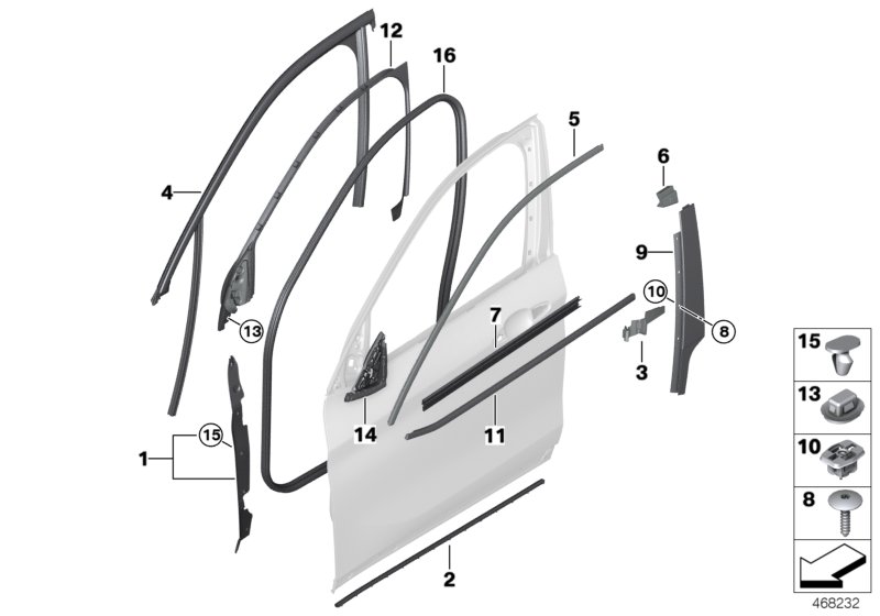 Накладки и уплотнения двери Пд для BMW F48 X1 18i B38 (схема запчастей)