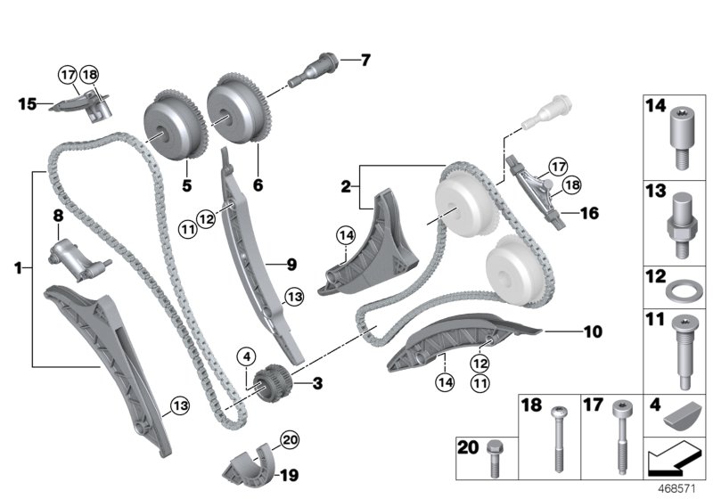 Приводная цепь механ.газораспределения для BMW F92 M8 S63M (схема запчастей)
