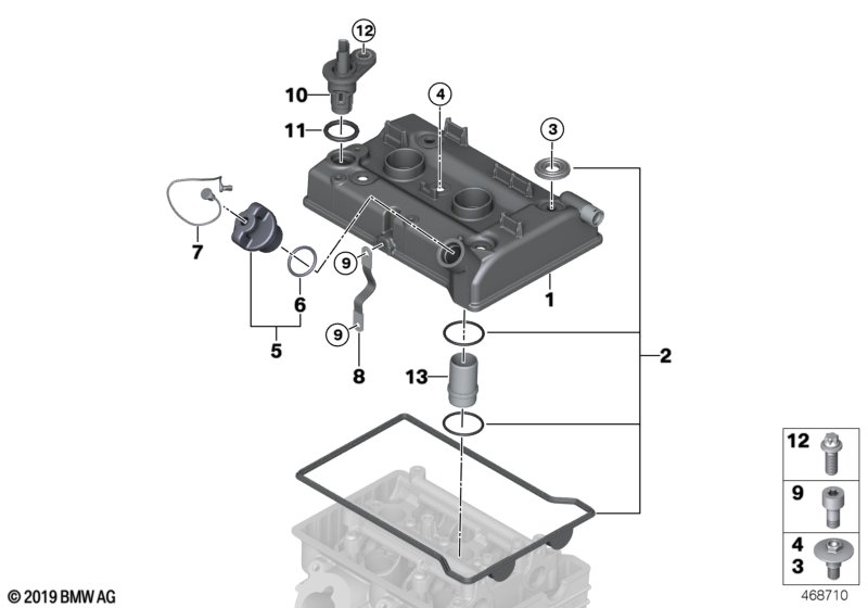 Крышка головки блока цилиндров/доп.эл. для BMW I01N i3 94Ah Rex XB4 (схема запчастей)
