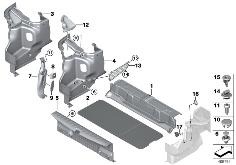 Обшивка багажного отделения для BMW F57 Cooper S B48 (схема запчастей)