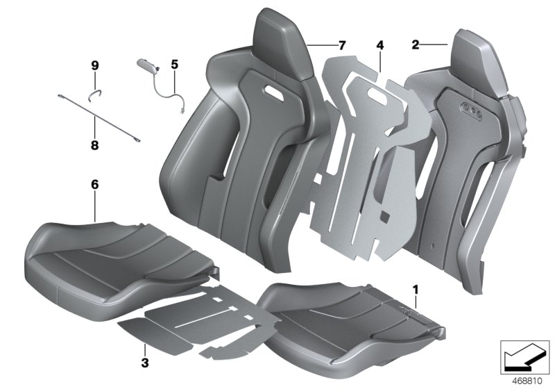 Набивка и обивка спортивного пер.сиденья для BMW F82 M4 S55 (схема запчастей)