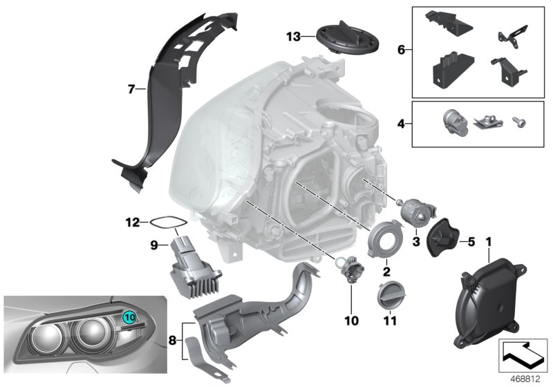Детали ксеноновой фары / ALC для BMW F10N 518d B47 (схема запчастей)