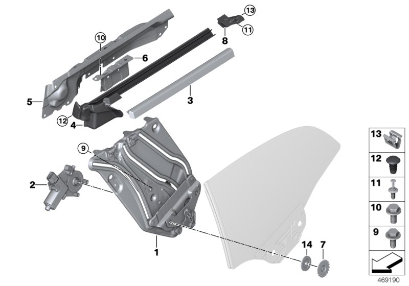 Механизм перемещения стекла двери Зд для BMW RR5 Wraith N74R (схема запчастей)