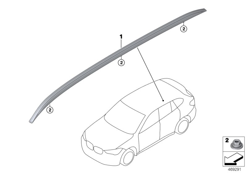 Дооснащение полозьями багажника на крыше для BMW F48 X1 18i B38 (схема запчастей)