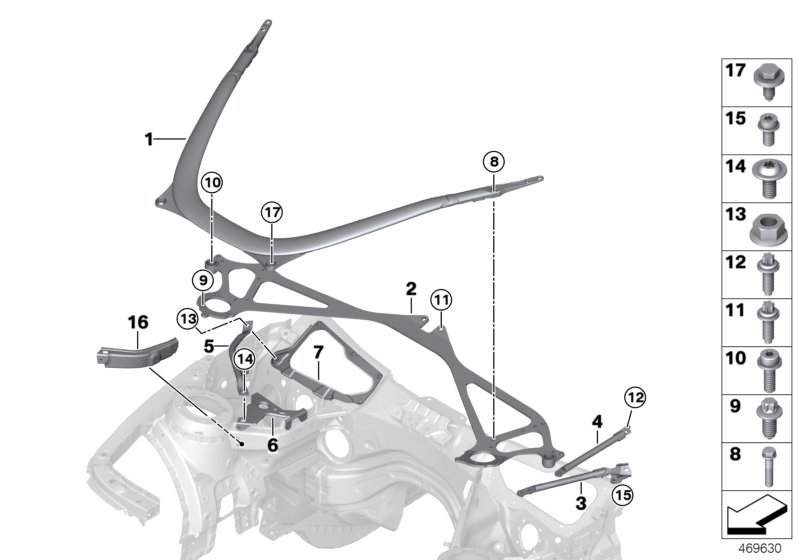 Элемент усиления передней части кузова для BMW F80 M3 S55 (схема запчастей)