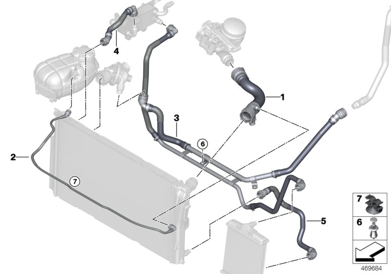 Шланги системы охлаждения для BMW F87 M2 N55 (схема запчастей)
