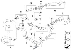 Водяные шланги системы охлаждения для BMW R53 Coop.S JCW GP W11 (схема запасных частей)
