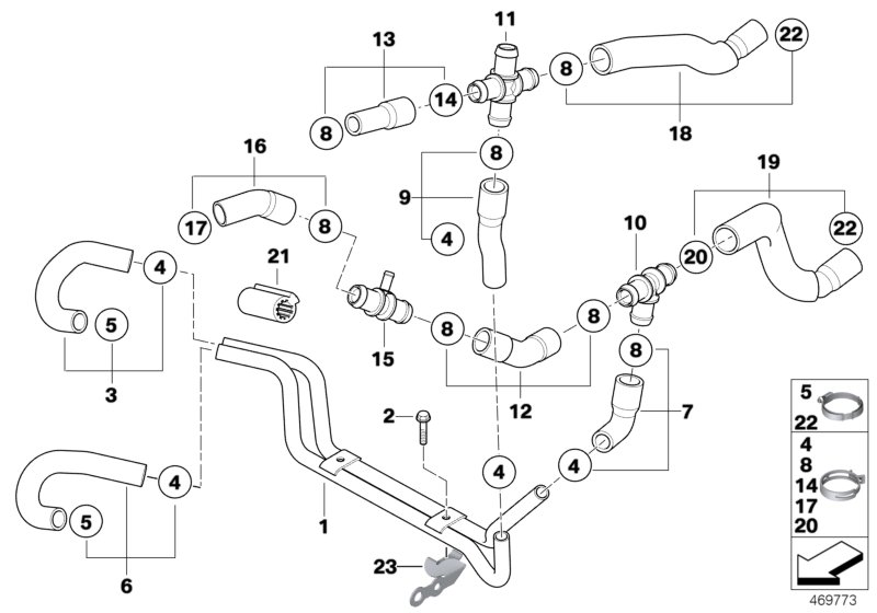 Водяные шланги системы охлаждения для MINI R53 Cooper S W11 (схема запчастей)