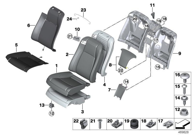 Набивка и обивка базового сиденья Зд для BMW RR6 Dawn N74R (схема запчастей)