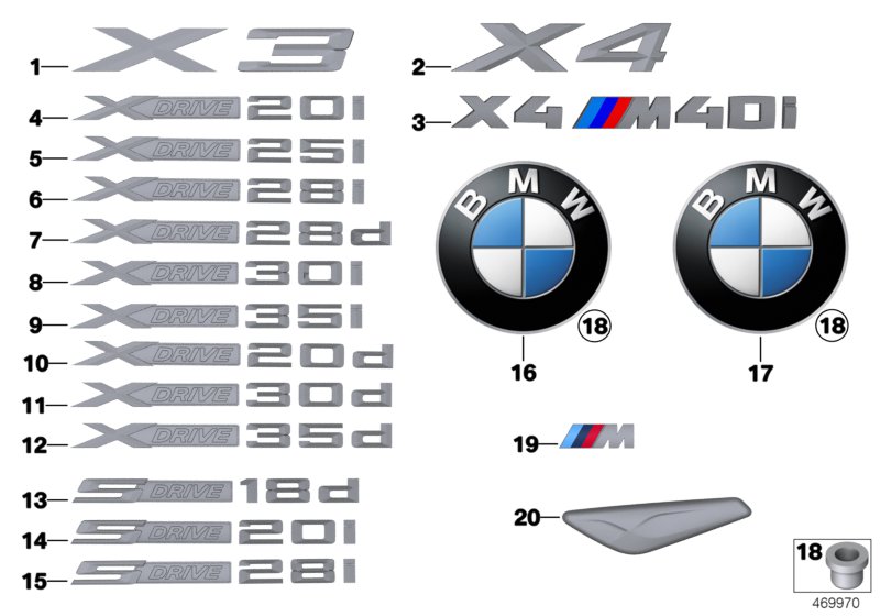 Эмблемы / надписи для BMW F25 X3 20i N20 (схема запчастей)
