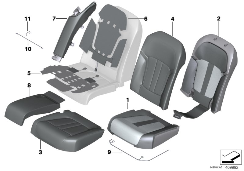 Набивка и обивка сиденья пов.комф.Зд для BMW G12 730LdX B57 (схема запчастей)