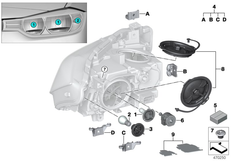 Детали галогенной фары для BMW F30N 320d ed B47 (схема запчастей)