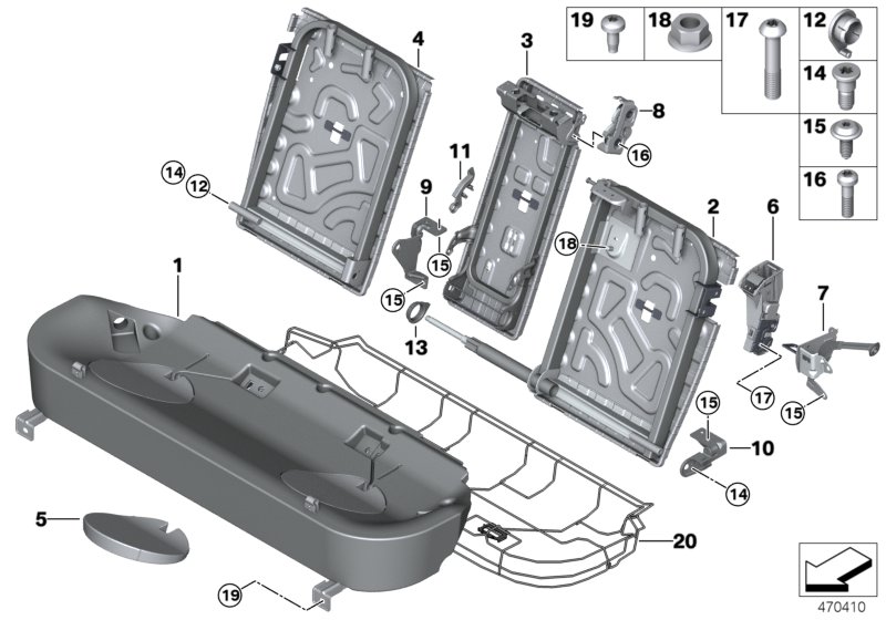 Каркас подушки базового сиденья Зд для BMW F15 X5 40eX N20 (схема запчастей)