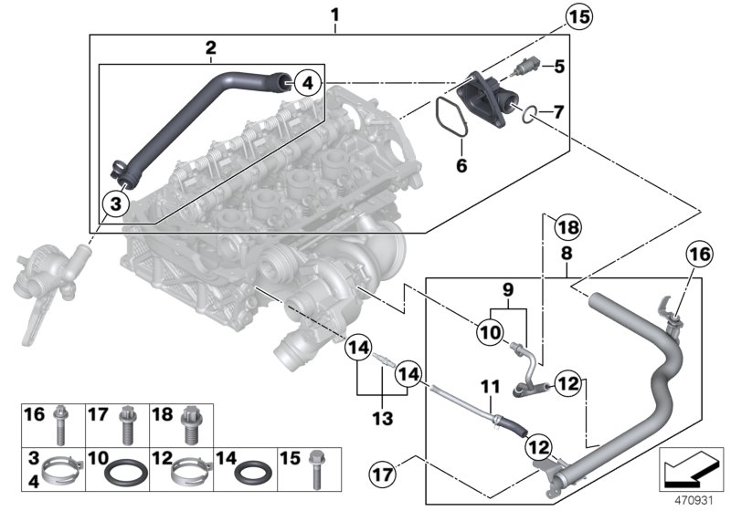 Трубопровод системы охлаждения для BMW F21 114i N13 (схема запчастей)