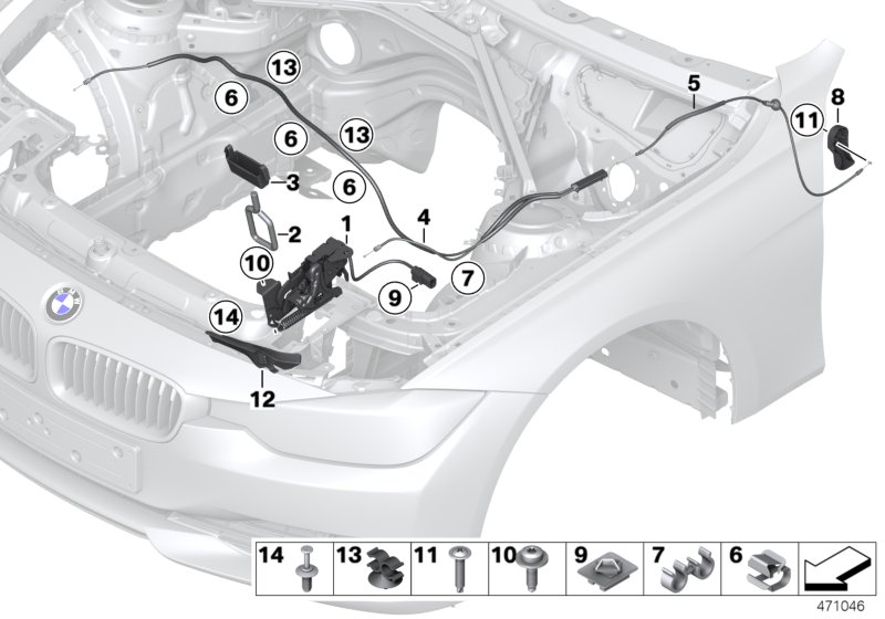 Система замков капота для BMW F34 330dX N57N (схема запчастей)