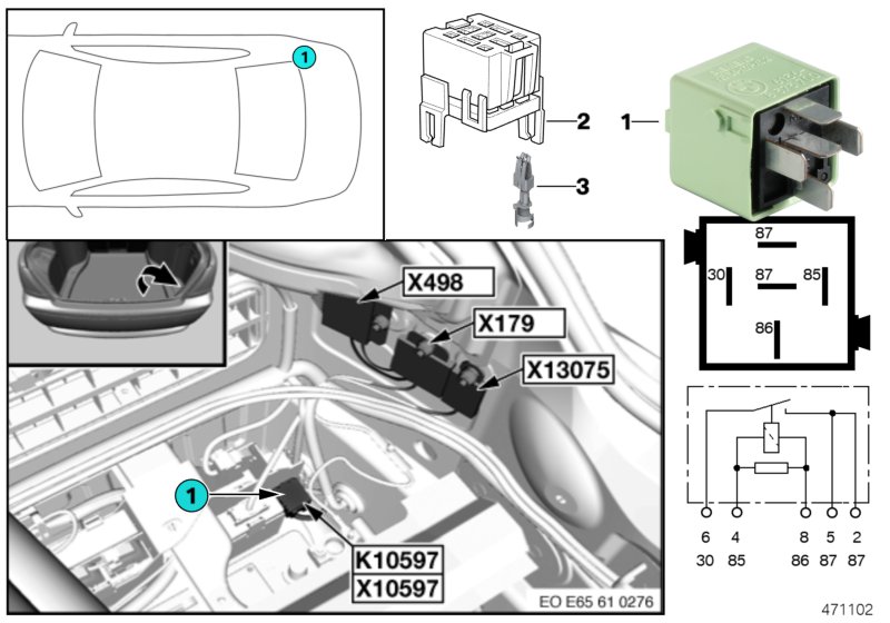 Реле вентилятора в баг.отделении K10597 для BMW E66 730Li M54 (схема запчастей)