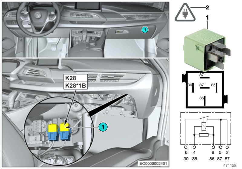 Реле электровентилятора 2 двигатель K28 для BMW I12 i8 B38 (схема запчастей)