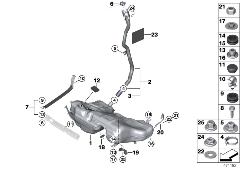 Топливный бак/дополнительные элементы для BMW F30N 330e B48X (схема запчастей)