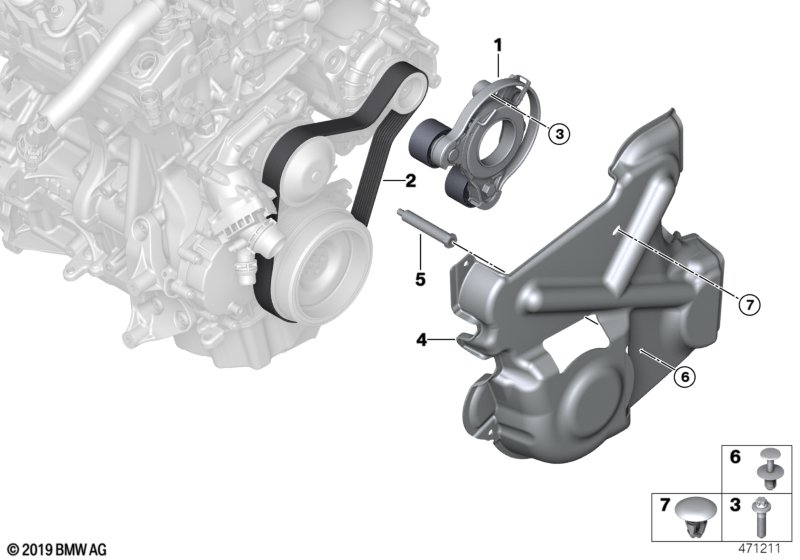Ременный привод водяной помпы/генератора для BMW F60 Cooper SE ALL4 B38X (схема запчастей)