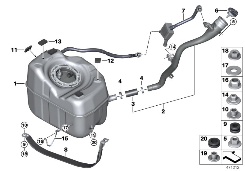 Топливный бак/дополнительные элементы для BMW F45N 225xe B38X (схема запчастей)