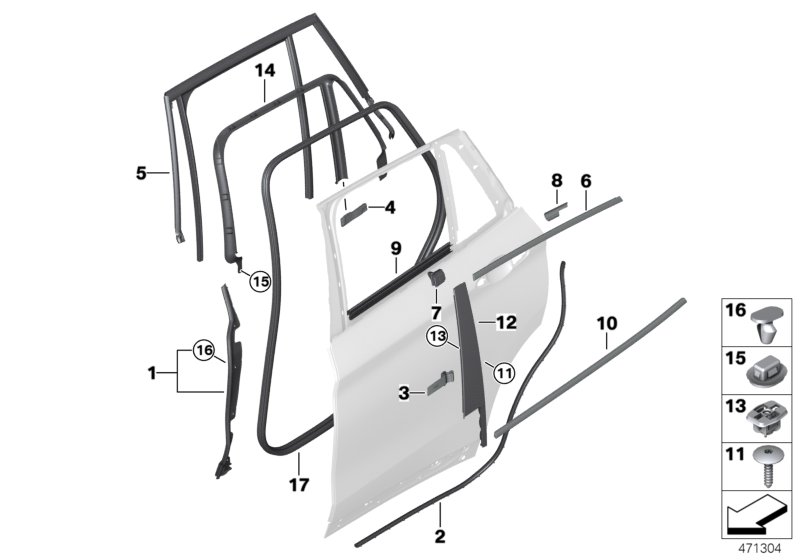 Накладки и уплотнения двери Зд для BMW F48N X1 20iX B46D (схема запчастей)